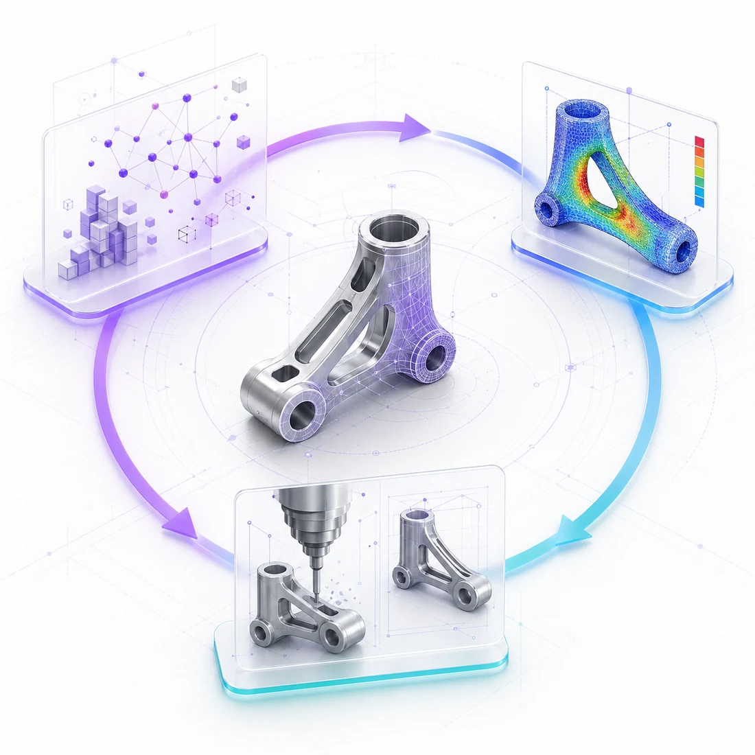 AI, simulation, and manufacturing loop around a parametric CAD model