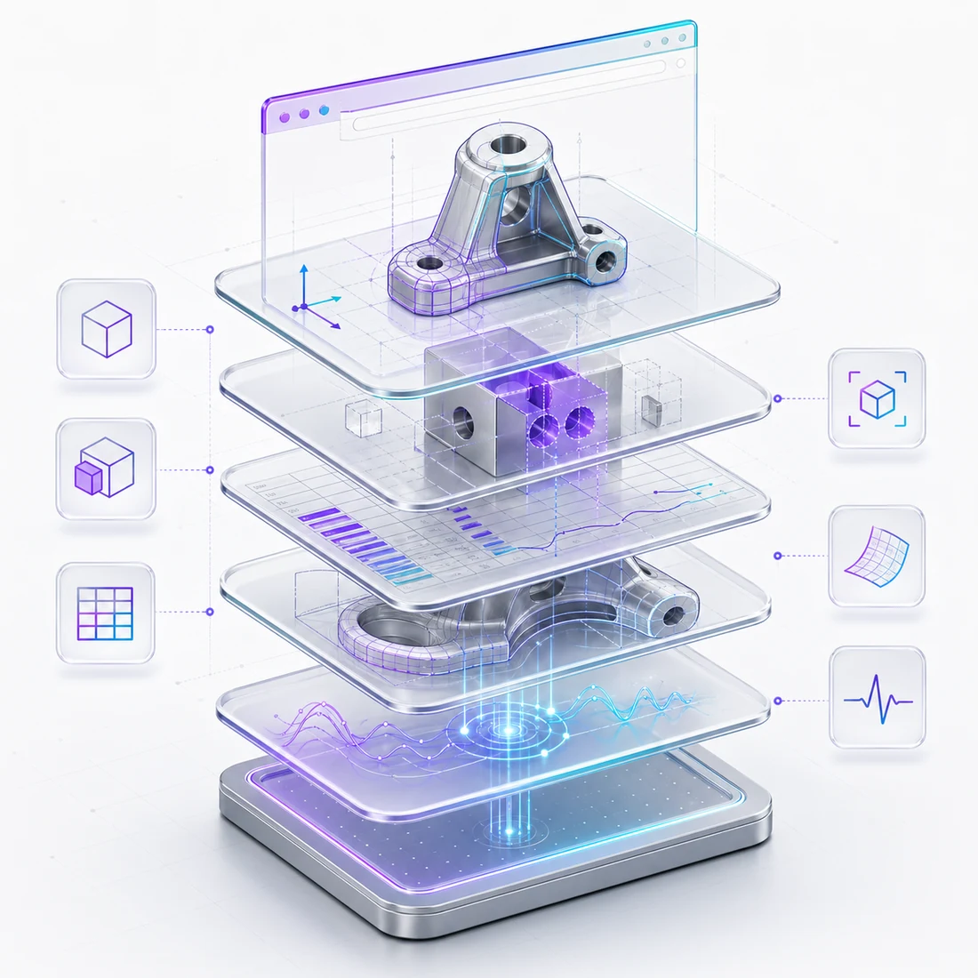 Layered browser CAD engine architecture with rendering, computation, geometry, and update systems