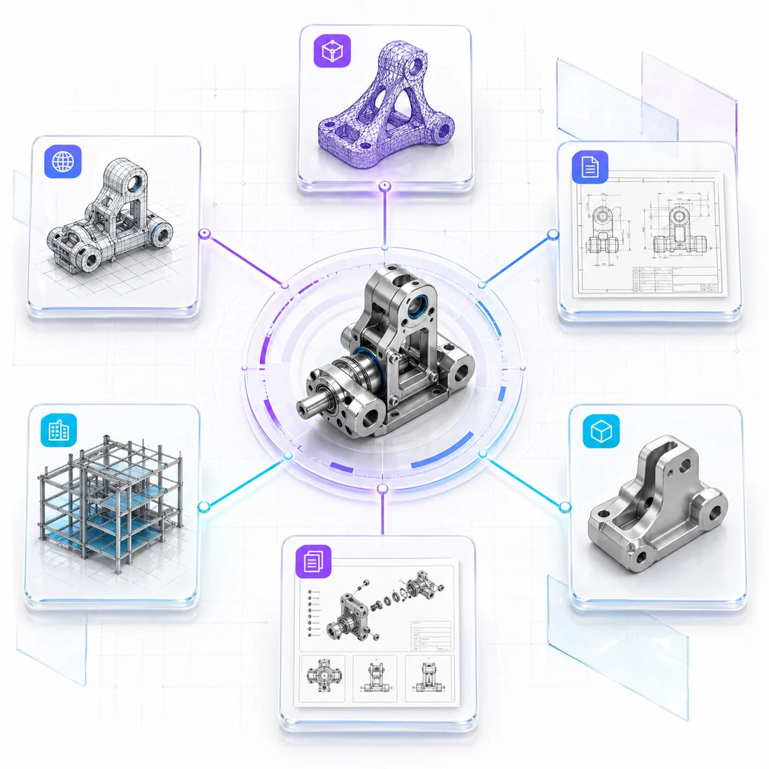 One parametric CAD assembly branching into multiple production export outputs