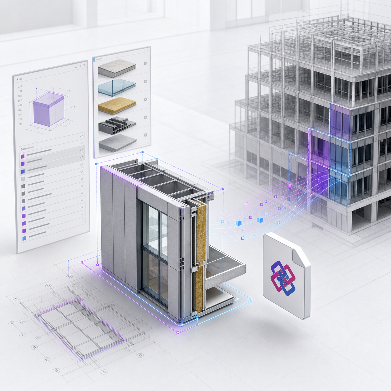 IFC export illustration showing facade modules flowing into a coordinated BIM model