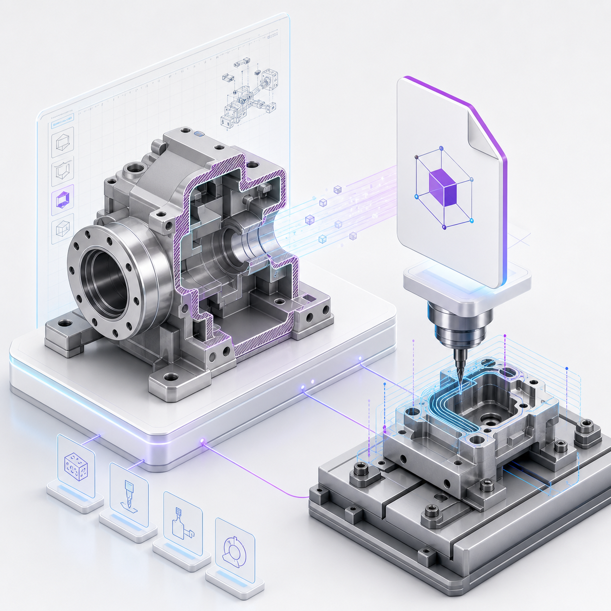 STEP export illustration showing precise CAD geometry moving into manufacturing handoff