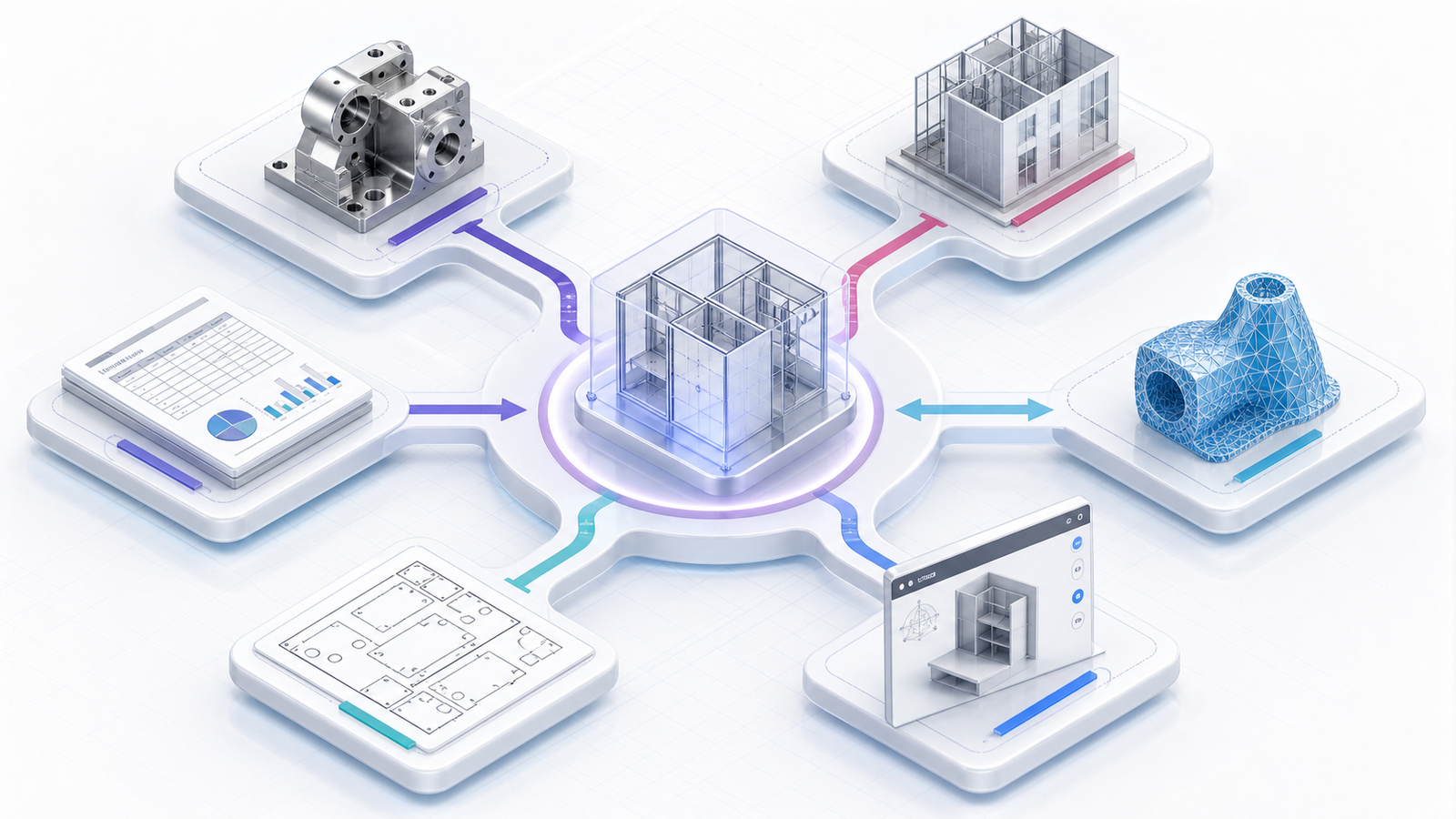 Decision map showing which export format to use for CAD, BIM, 3D printing, web viewing, 2D production, and documentation