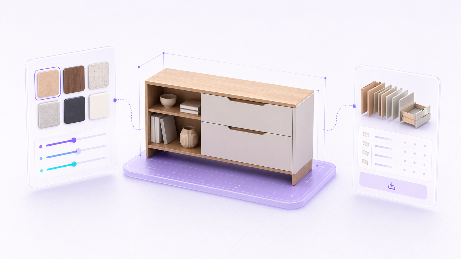 Configurable furniture model with materials and cut-list output