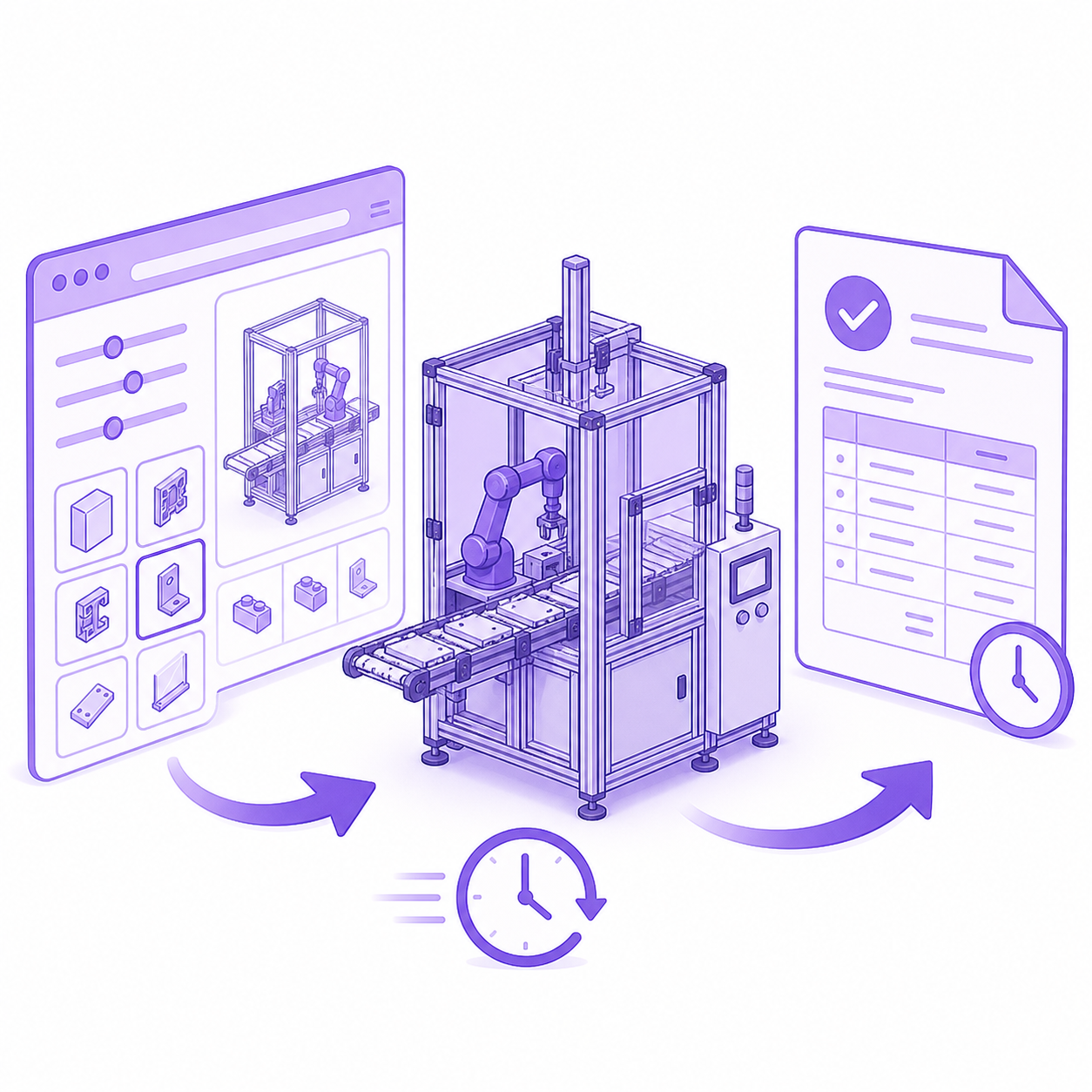 Purple illustration of a parametric machine concept between 3D configuration and a quote
